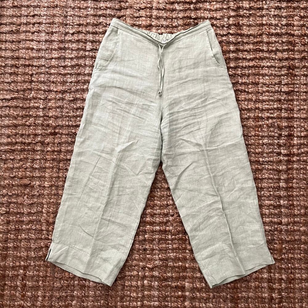 Bryn Walker 100% Linen Wide Leg Crop Pants Sage Green XS USA Made Coastal Resort